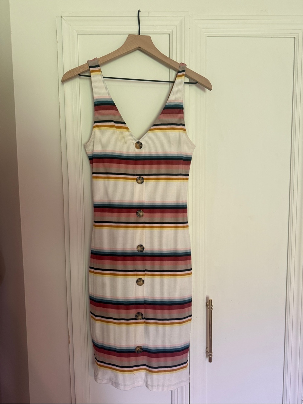 Forever 21 Vintage White Ribbed Midi Dress with Multicolor Stripes